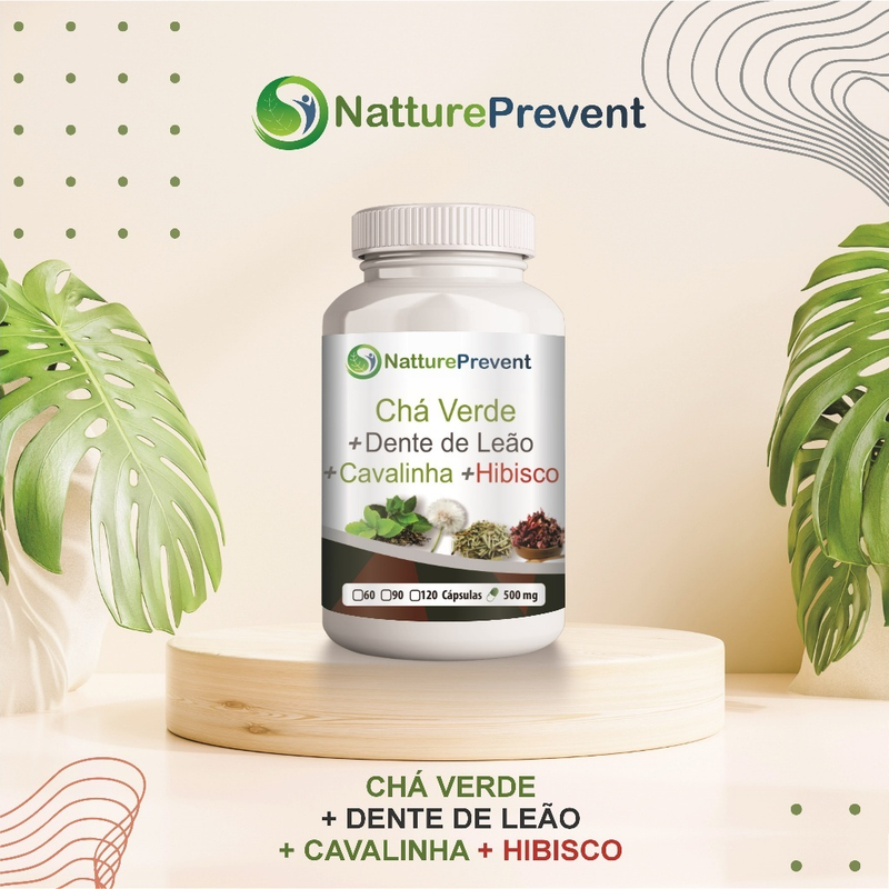 Chá Verde + Dente de Leão + Cavalinha + Hibisco 500mg 60 / 90 / 120 Cápsulas - Suplemento Alimentar Natural