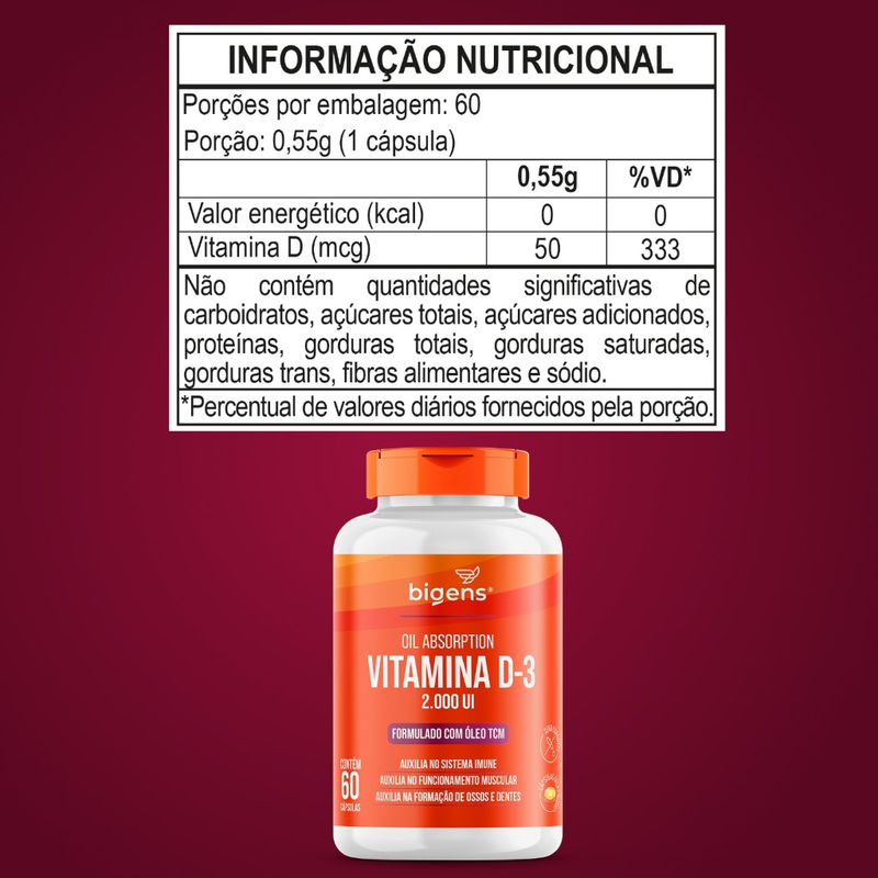 VITAMINA D3 2000 UI COM TCM 400MG/60 CAPS 