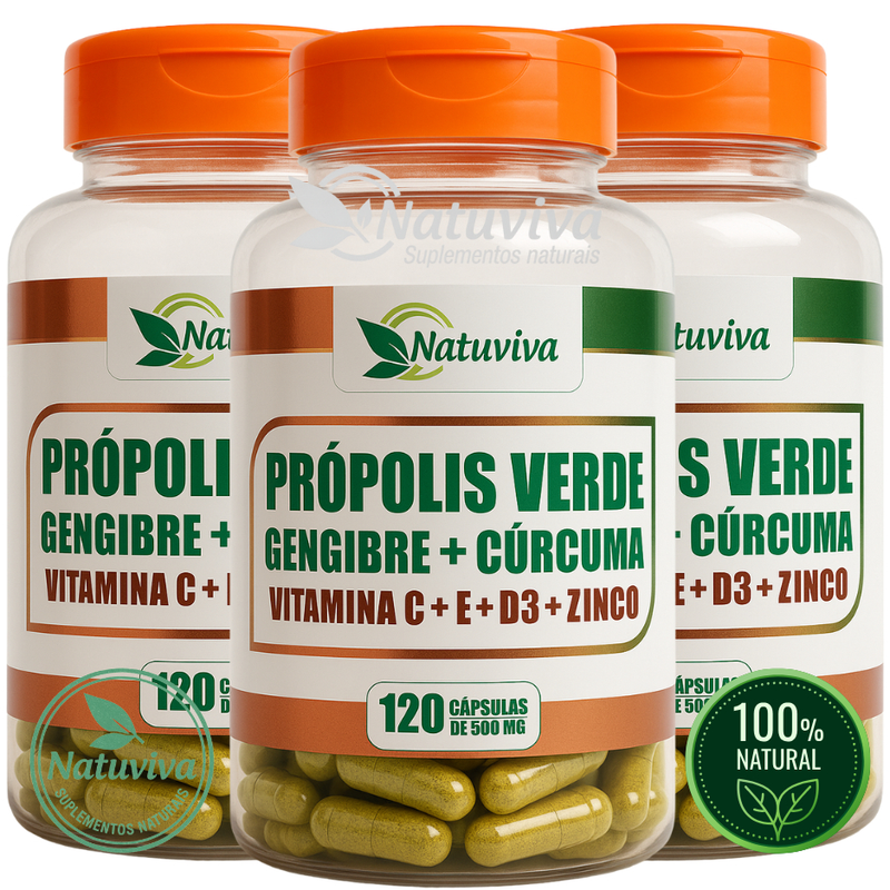natuviva Própolis Verde + Gengibre + Cúrcuma Vitaminas C D3 Zinco Imunidade/anti viral 120 capsulas