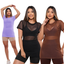 Kit 3 Blusas Tule Transparente Feminina – Manga Longa | Camisetão Fitness
