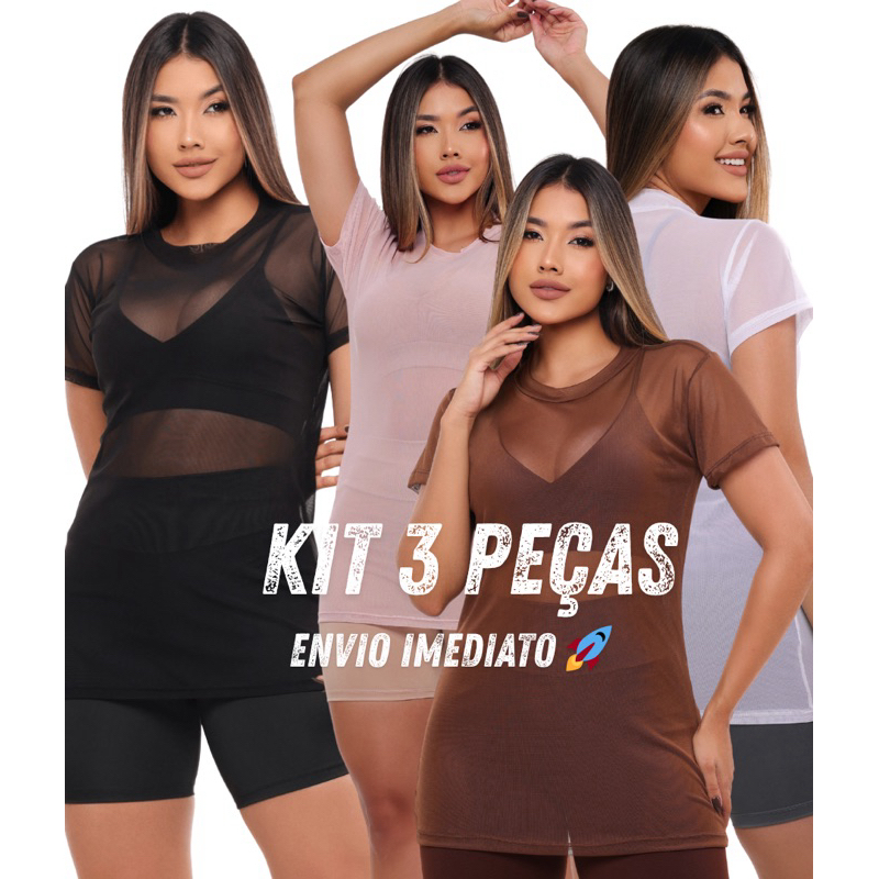 KIT 3 Blusa Tule Transparente Fitness Feminina Longa com Manga camisa tule camisetão Academia Conforto Verão