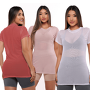 Kit 3 Blusas Tule Transparente Feminina – Manga Longa | Camisetão Fitness